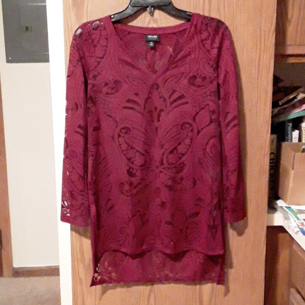 Nicole Miller fuschia burnout sheer damask tunic